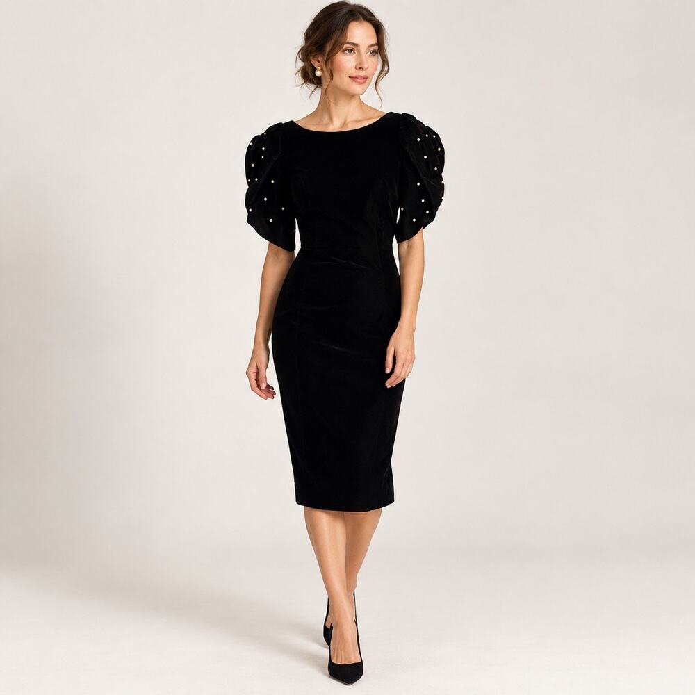 Vintage 90s After Dark Black Velvet Cocktail Dress Pearl Puff Sleeves L 13/14